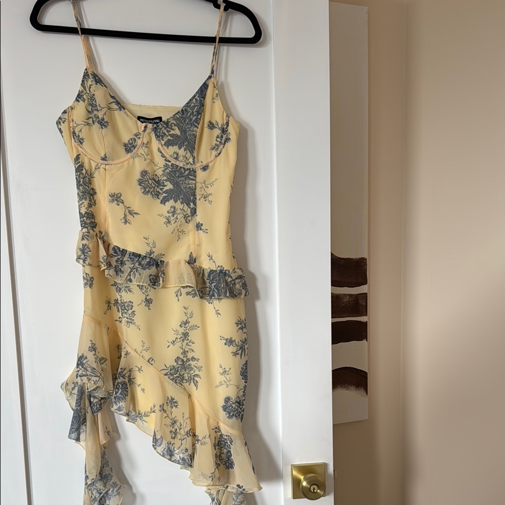 PrettyLittleThing Yellow and Blue Asymmetrical Sundress